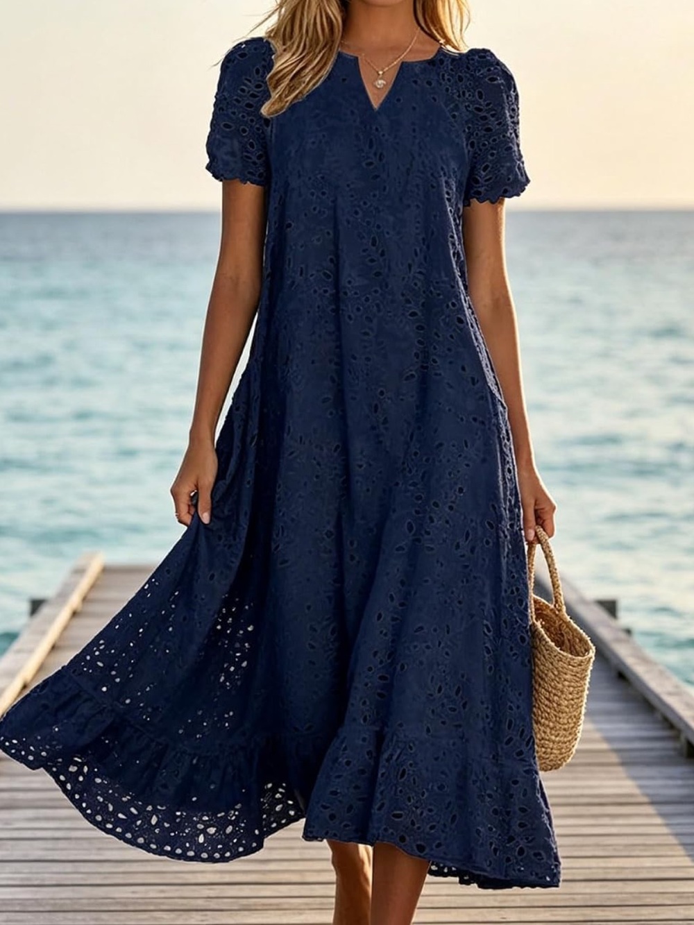 Women's Navy Eyelet Midi Dress with Short Sleeves NWT Size XL measurements below